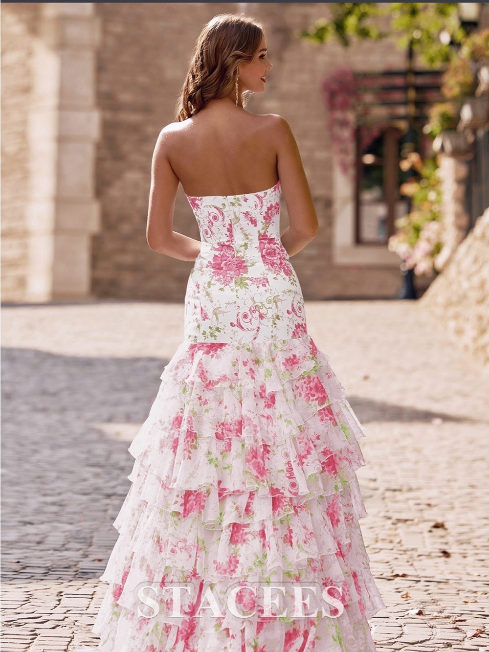 Strapless Floral Tiered Ruffle Prom Dress - White & Pink
